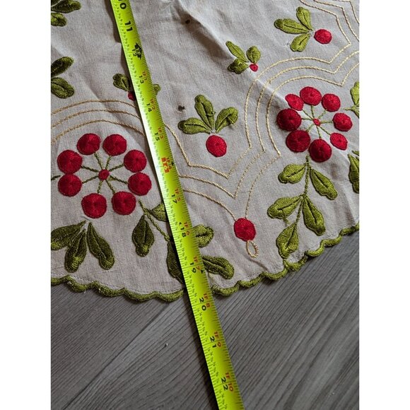 Vintage Round Linen Tablecloth With Red & Green Embroidery Floral Design 20" - Picture 4 of 4